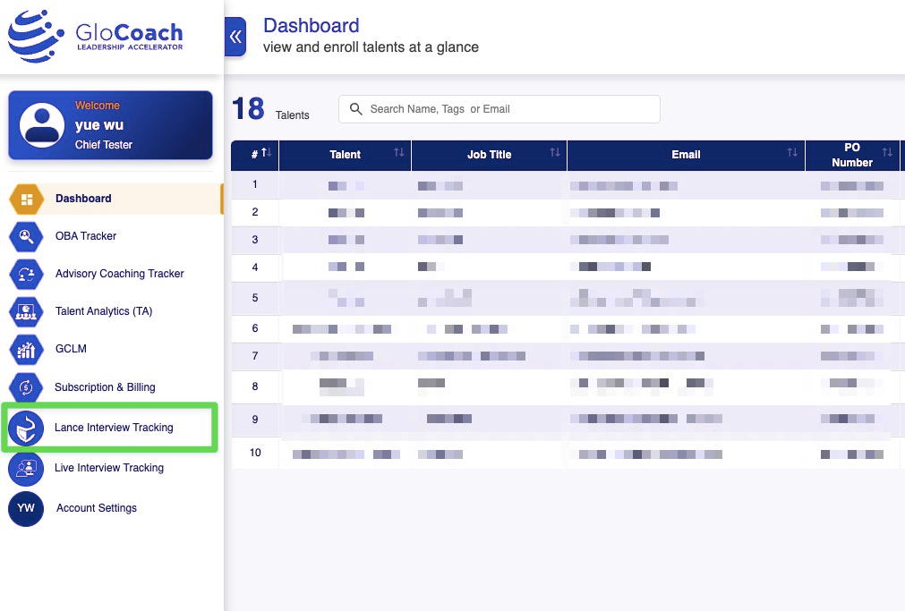CL Dashboard menu with Lance Interview Tracking highlighted